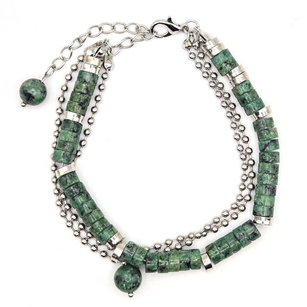 Green‎ Stone Heishi Bead Multi Strand Bracelet Silver Tone Ball Chain Adjustable